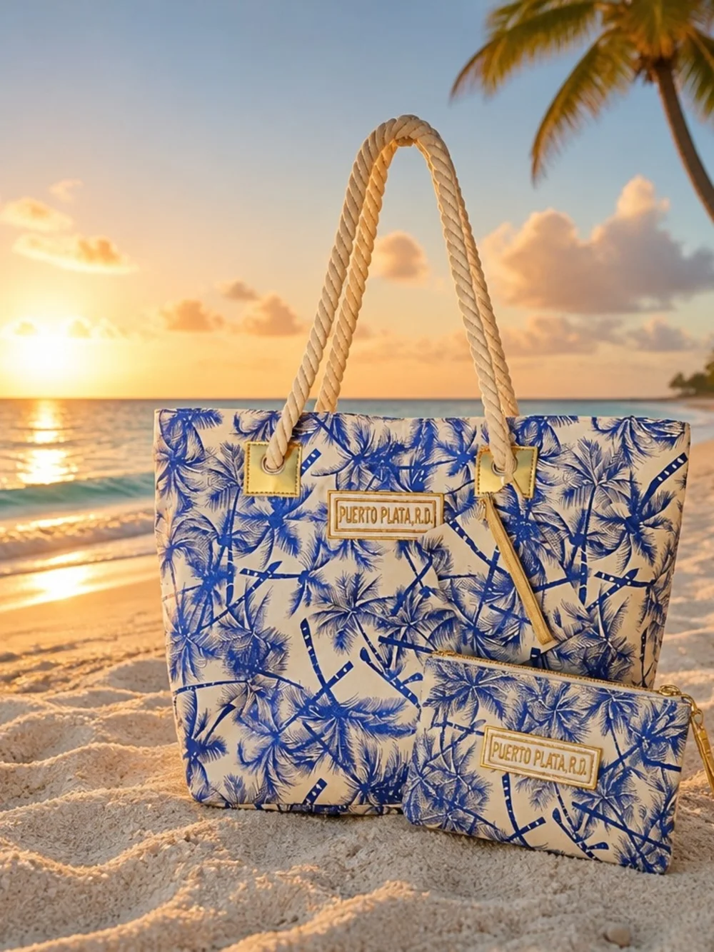 Puerto Plata Blue Palm-Print Beach Tote with Matching Pouch